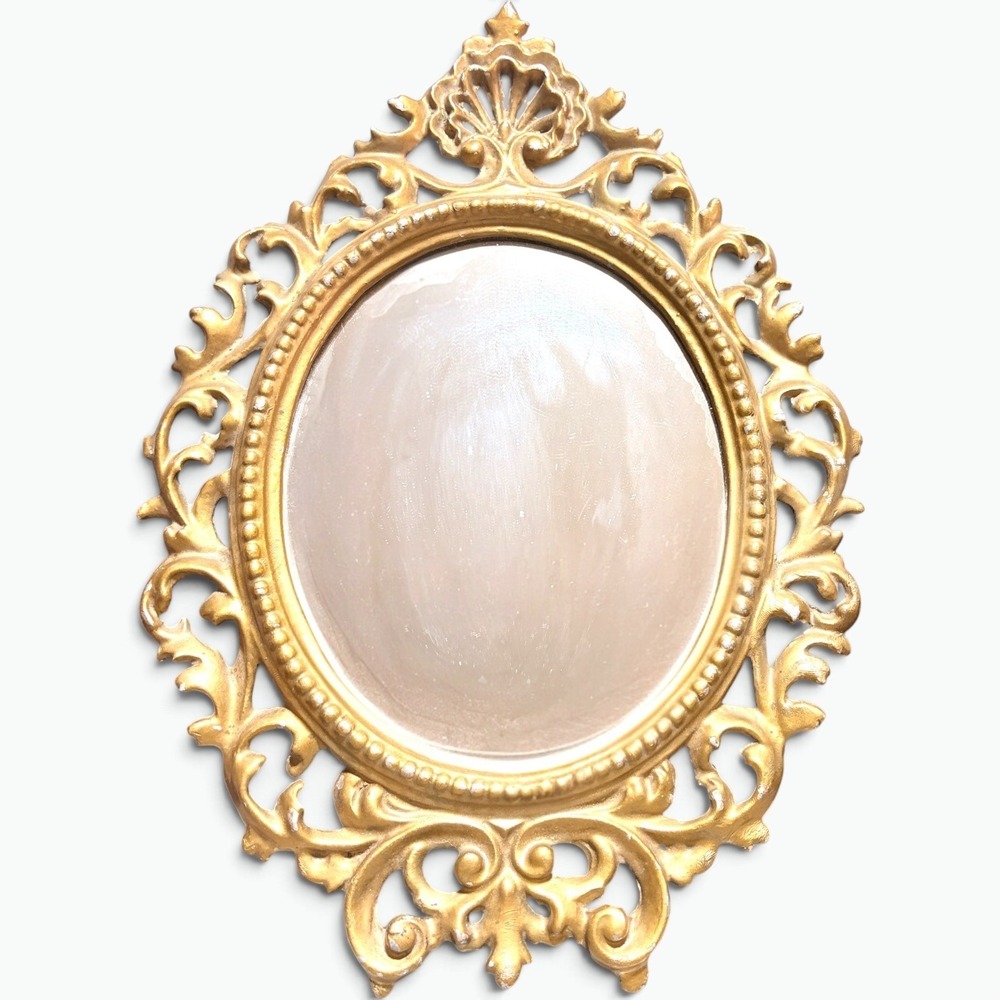 Vintage Rococo Ornate Gold Gilt Heavy Cast Metal Wall Mirror Oval Scrollwork 13"